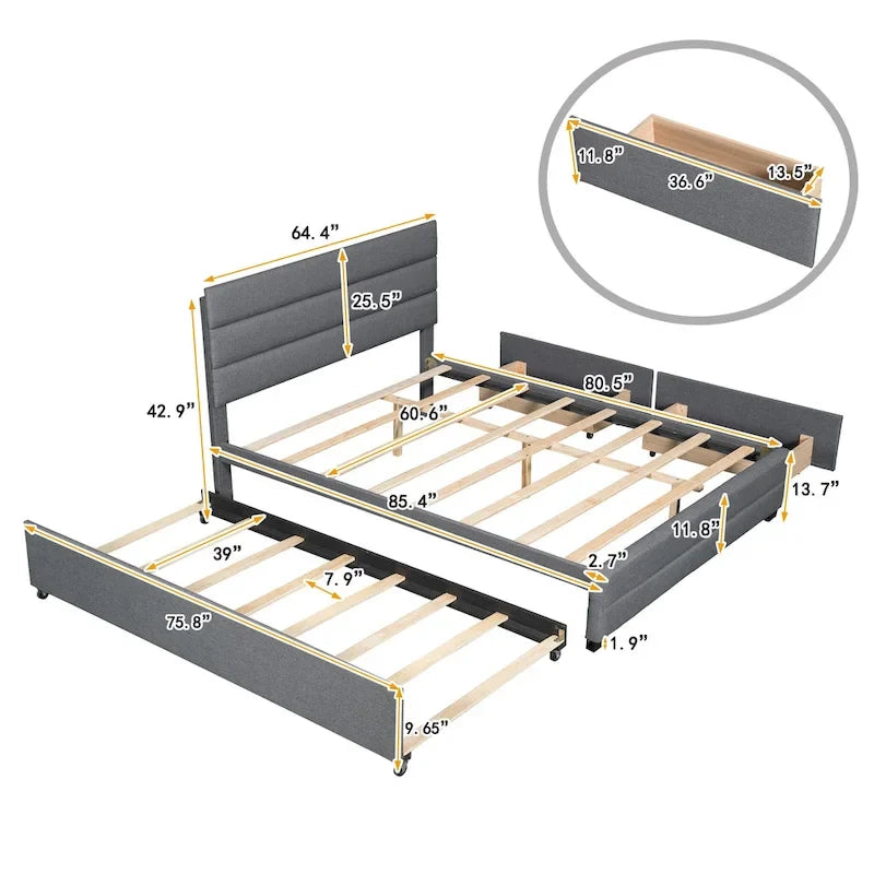 Lit plateforme tapissé de lin beige/gris avec lit gigogne – Double/Queen, 2 couchages