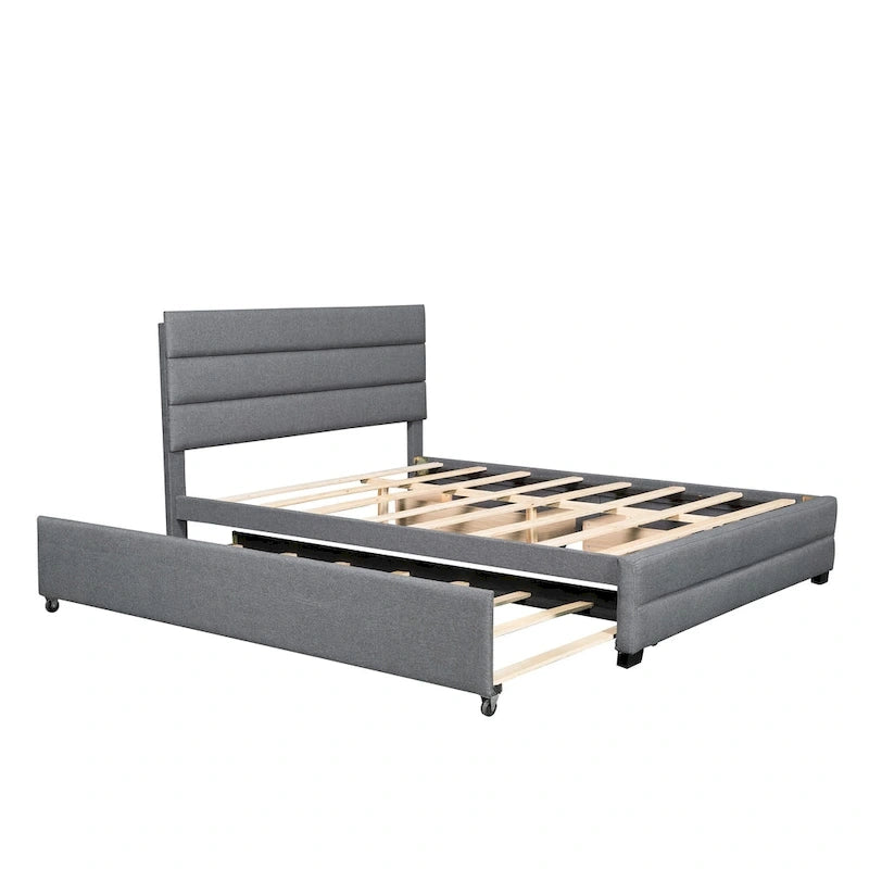 Lit plateforme tapissé de lin beige/gris avec lit gigogne – Double/Queen, 2 couchages