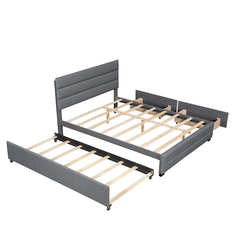 Lit plateforme tapissé de lin beige/gris avec lit gigogne – Double/Queen, 2 couchages