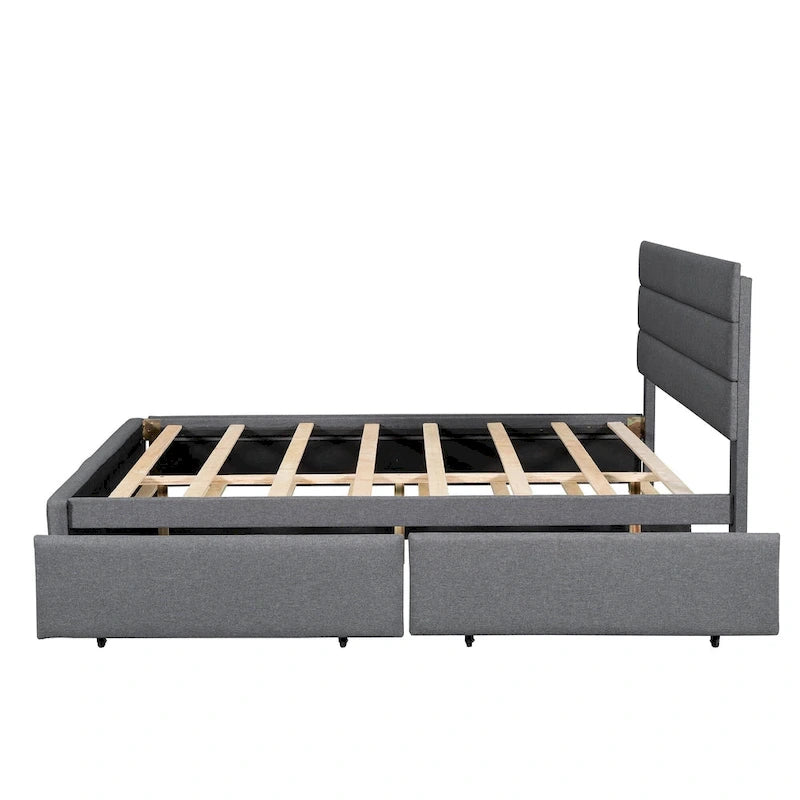 Lit plateforme tapissé de lin beige/gris avec lit gigogne – Double/Queen, 2 couchages