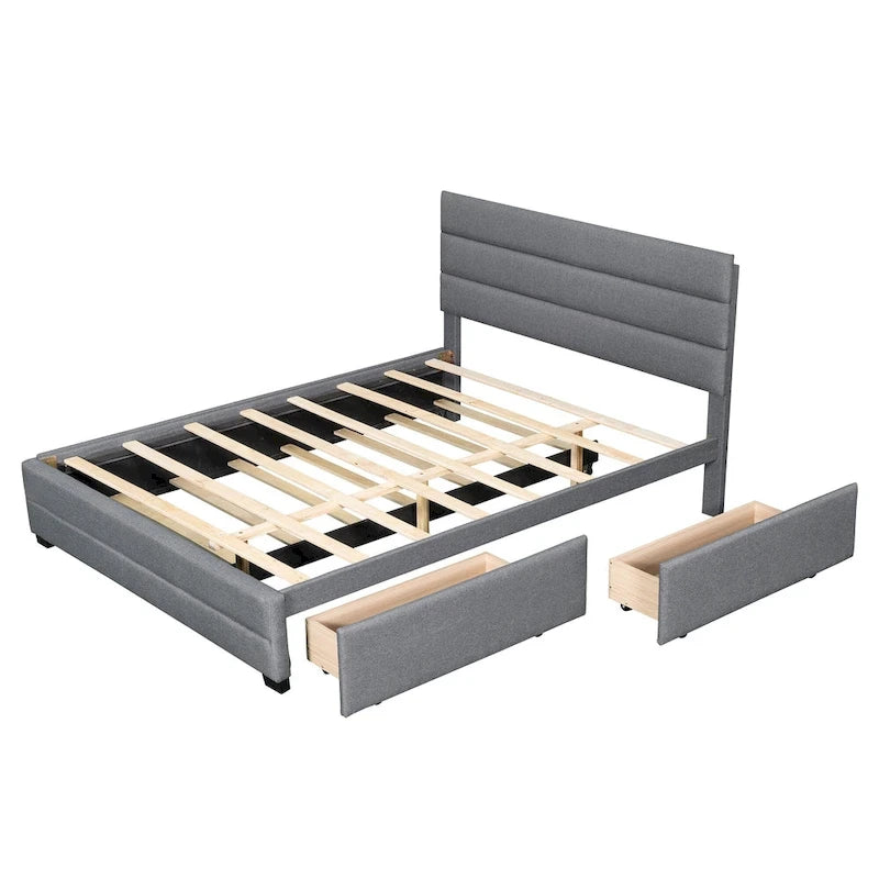 Lit plateforme tapissé de lin beige/gris avec lit gigogne – Double/Queen, 2 couchages