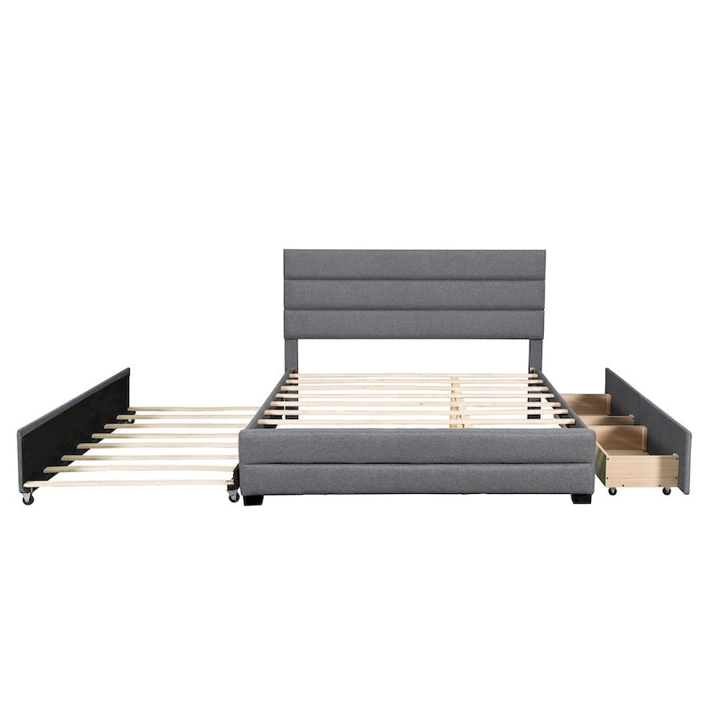 Lit plateforme tapissé de lin beige/gris avec lit gigogne – Double/Queen, 2 couchages