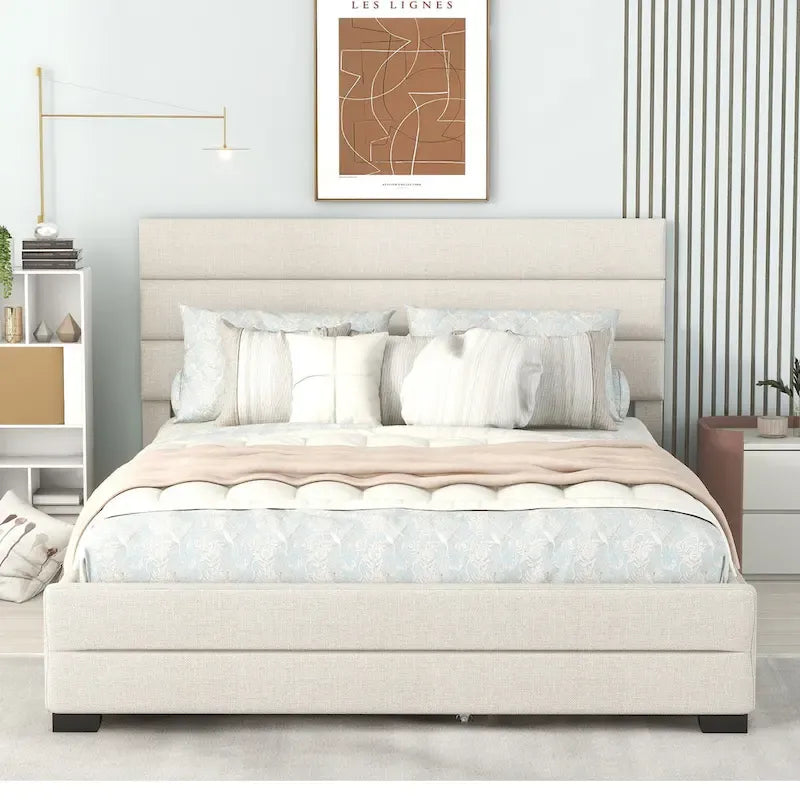 Lit plateforme tapissé de lin beige/gris avec lit gigogne – Double/Queen, 2 couchages