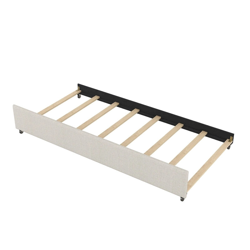 Lit plateforme tapissé de lin beige/gris avec lit gigogne – Double/Queen, 2 couchages