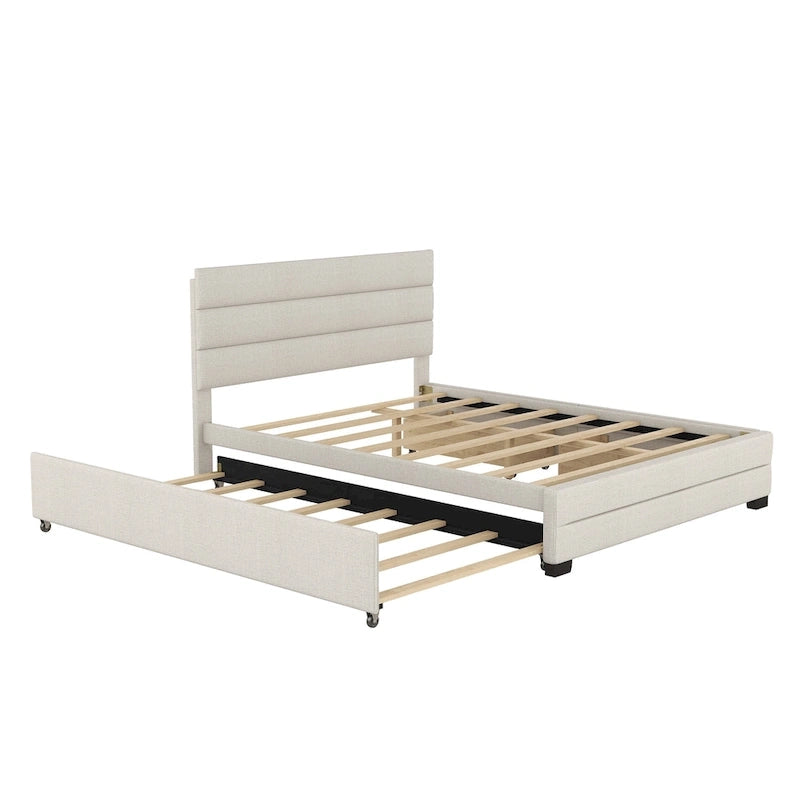 Lit plateforme tapissé de lin beige/gris avec lit gigogne – Double/Queen, 2 couchages