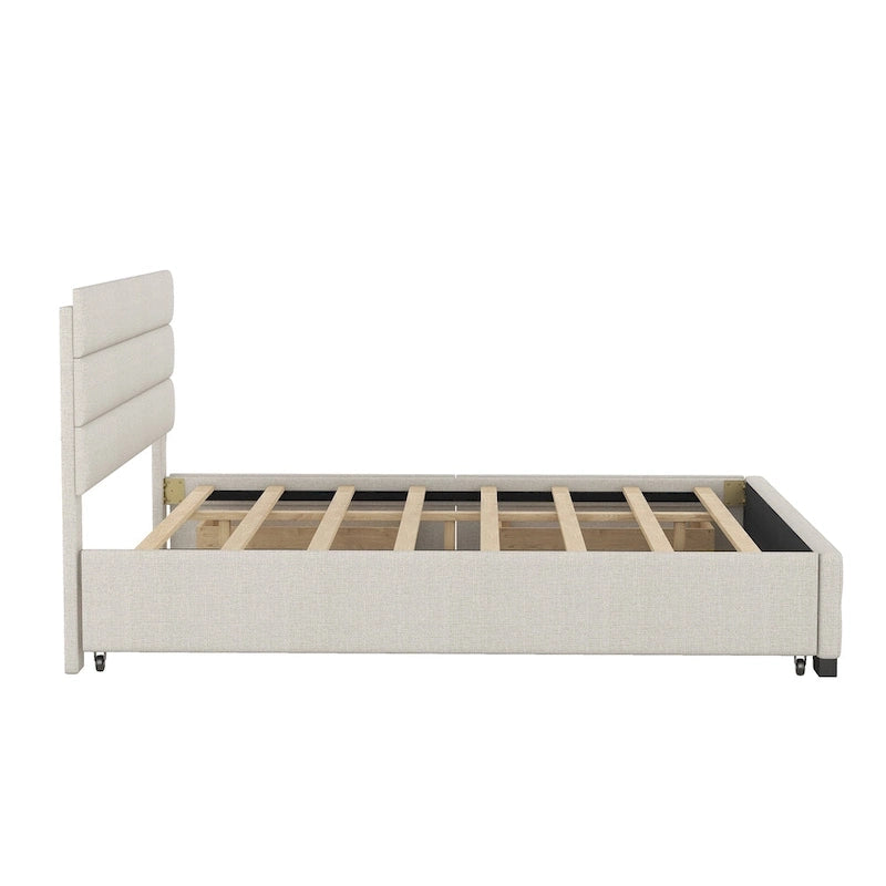 Lit plateforme tapissé de lin beige/gris avec lit gigogne – Double/Queen, 2 couchages