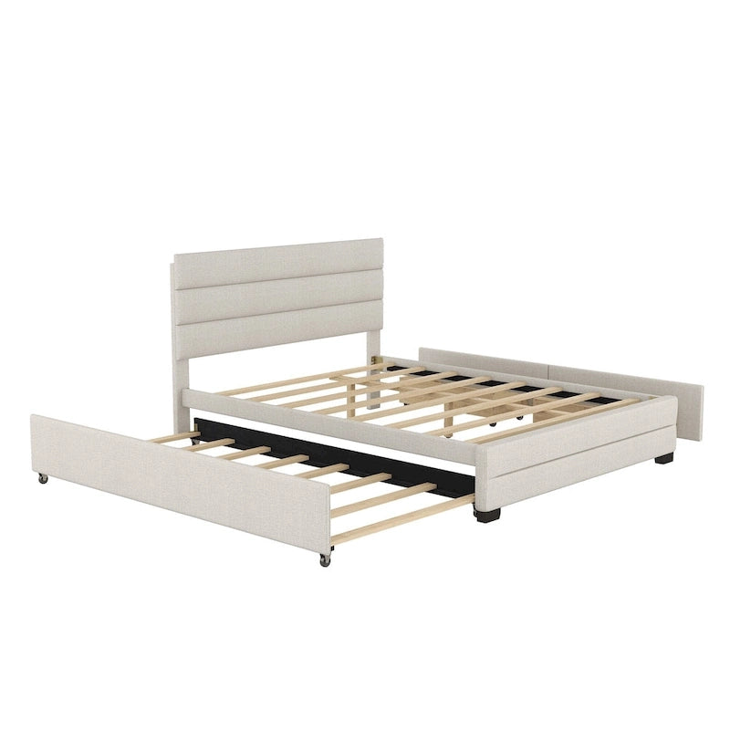 Lit plateforme tapissé de lin beige/gris avec lit gigogne – Double/Queen, 2 couchages