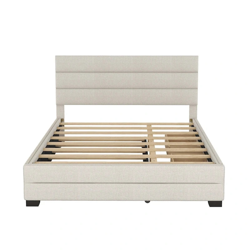 Lit plateforme tapissé de lin beige/gris avec lit gigogne – Double/Queen, 2 couchages