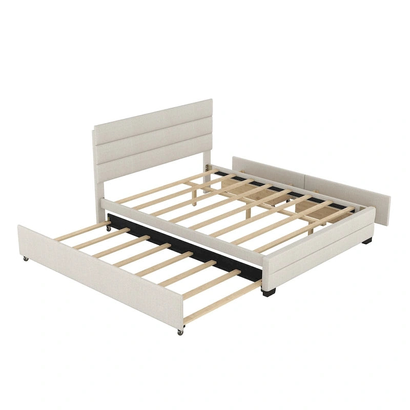 Lit plateforme tapissé de lin beige/gris avec lit gigogne – Double/Queen, 2 couchages