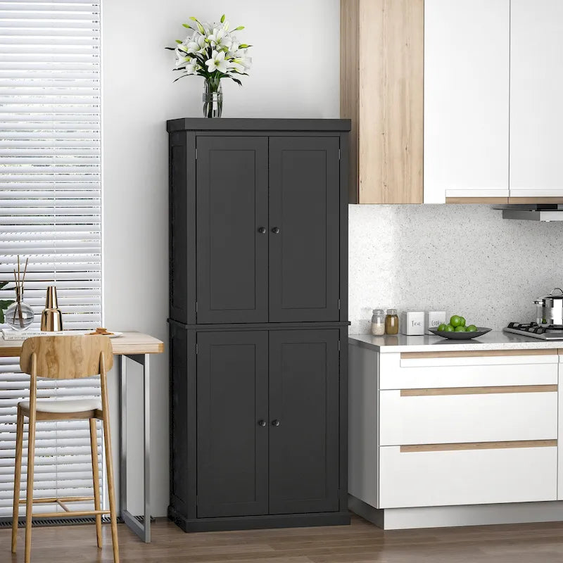 Armoire de cuisine garde-manger à 4 portes avec 6 étagères, noir/blanc