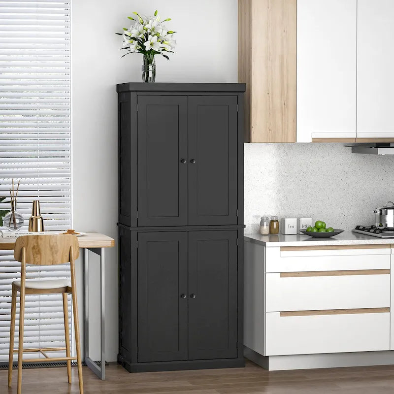 Armoire de cuisine garde-manger à 4 portes avec 6 étagères, noir/blanc