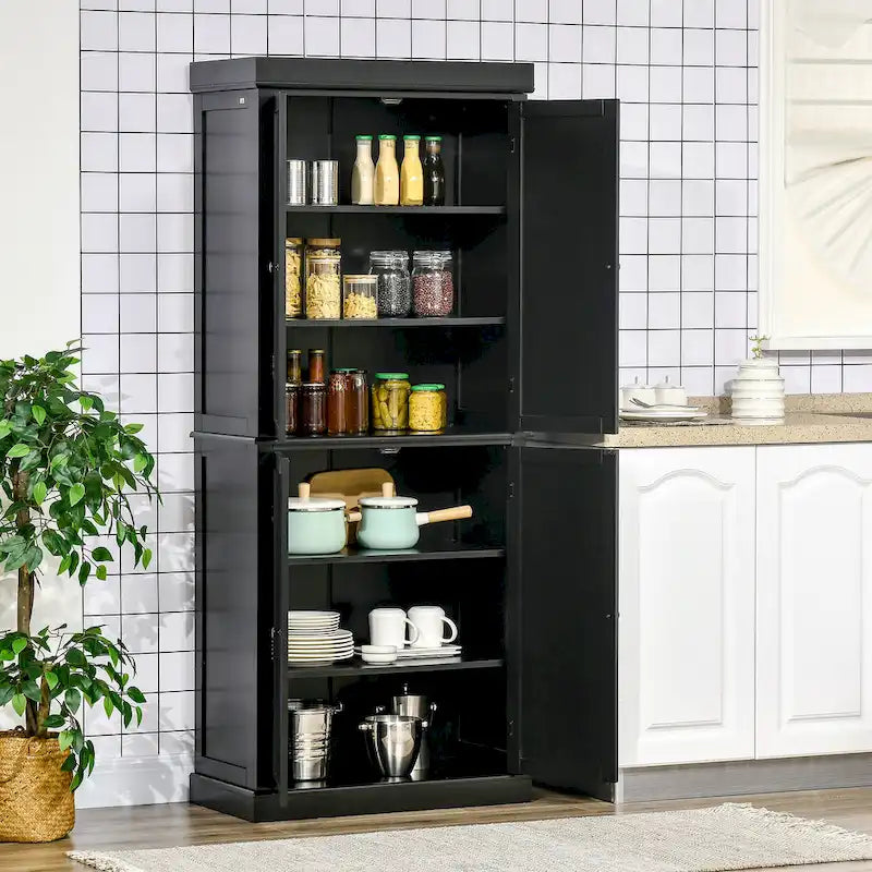 Armoire de cuisine garde-manger à 4 portes avec 6 étagères, noir/blanc