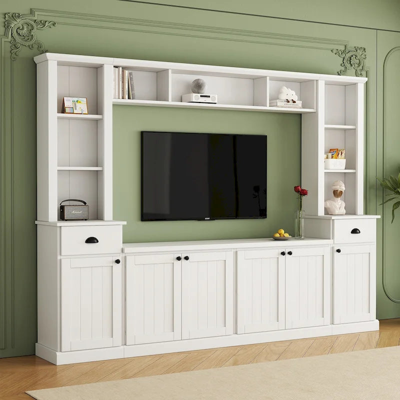Meuble TV Blanc / Noir avec Pont & Meubles d'Appoint – Convient aux TV jusqu'à 75"
