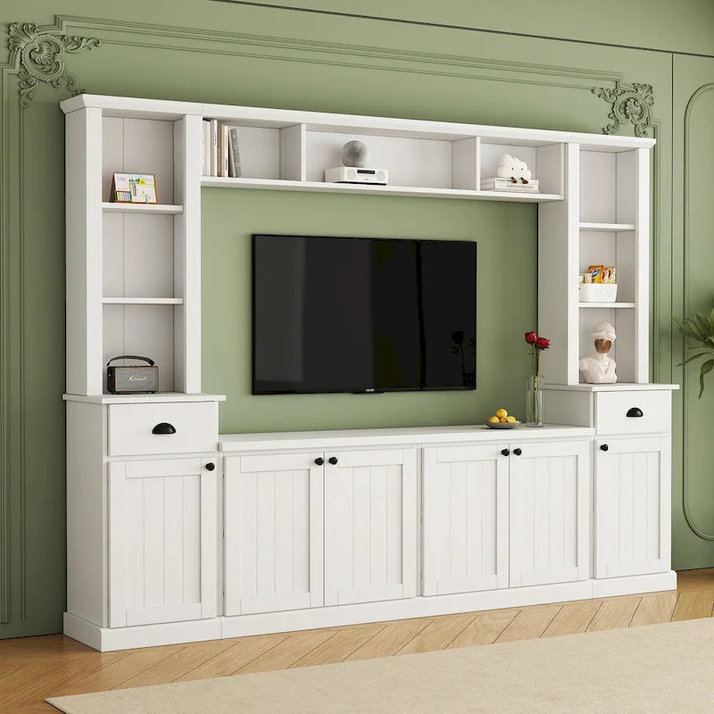 Meuble TV Blanc / Noir avec Pont & Meubles d'Appoint – Convient aux TV jusqu'à 75"