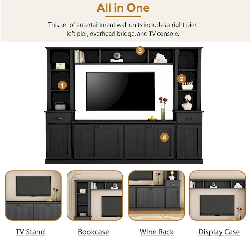 Meuble TV Blanc / Noir avec Pont & Meubles d'Appoint – Convient aux TV jusqu'à 75"