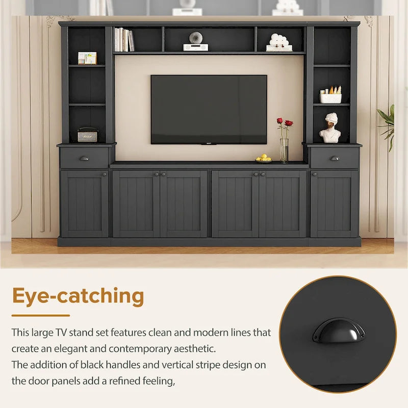 Meuble TV Blanc / Noir avec Pont & Meubles d'Appoint – Convient aux TV jusqu'à 75"