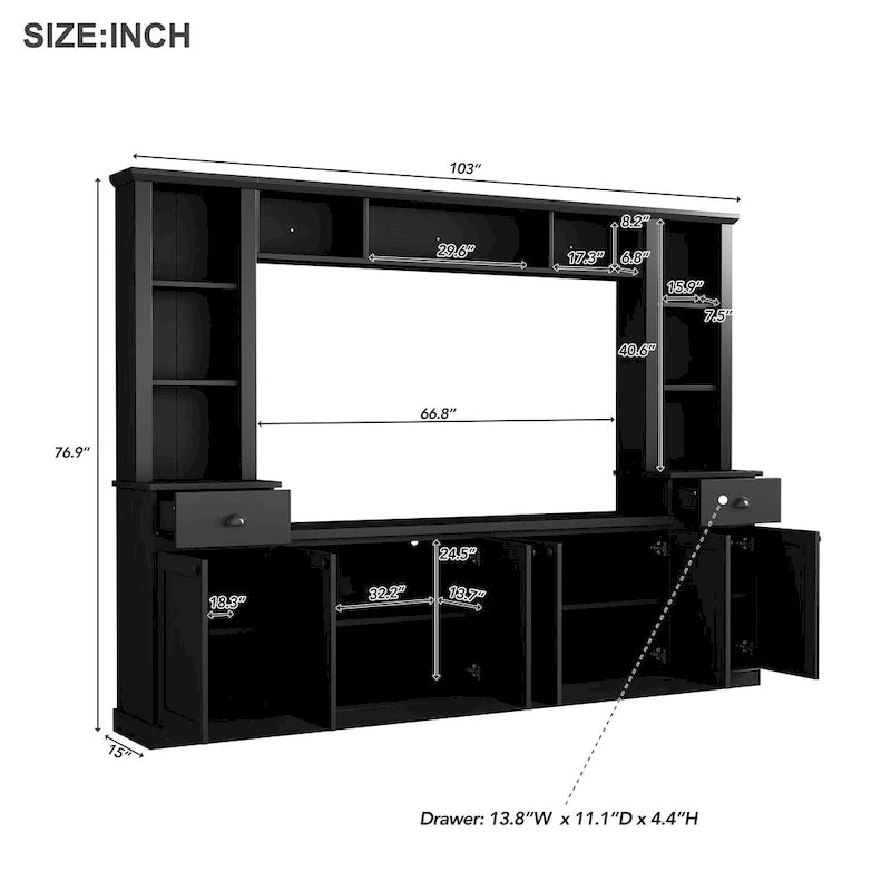 Meuble TV Blanc / Noir avec Pont & Meubles d'Appoint – Convient aux TV jusqu'à 75"
