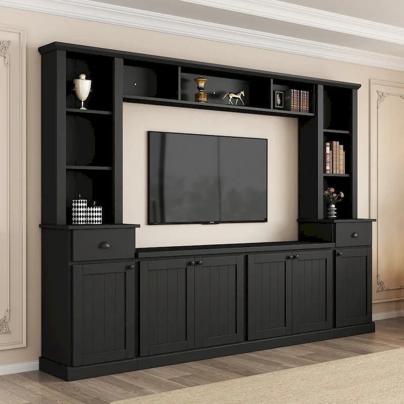 Meuble TV Blanc / Noir avec Pont & Meubles d'Appoint – Convient aux TV jusqu'à 75"