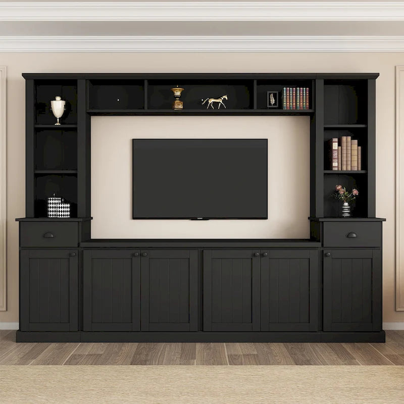 Meuble TV Blanc / Noir avec Pont & Meubles d'Appoint – Convient aux TV jusqu'à 75"