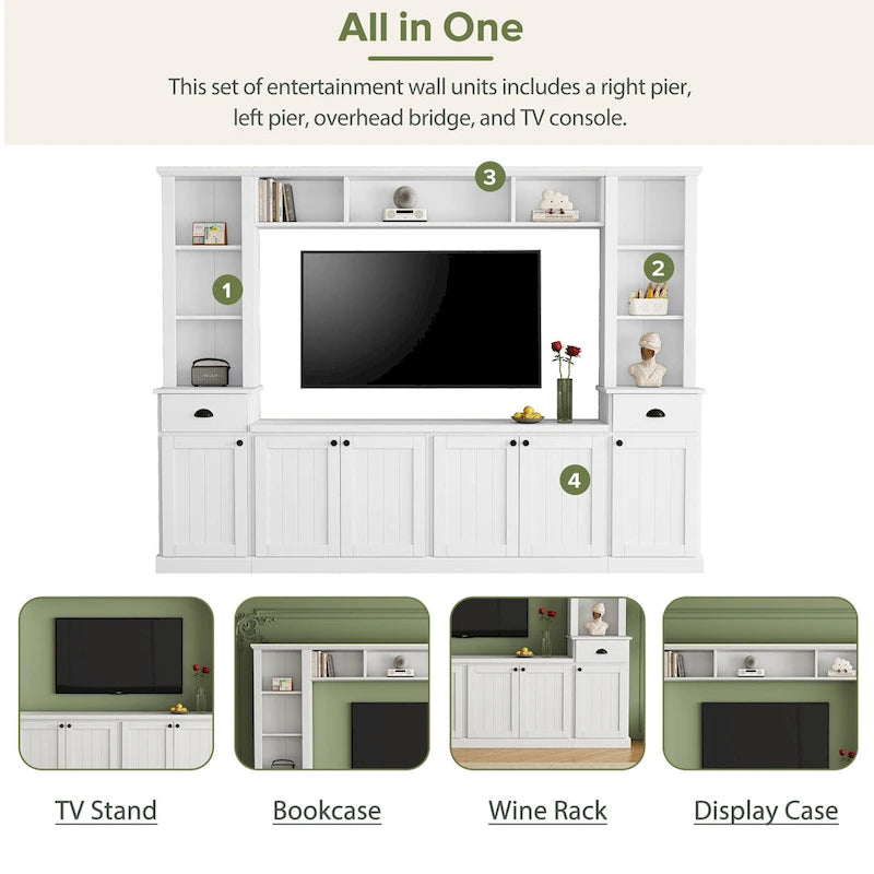 Meuble TV Blanc / Noir avec Pont & Meubles d'Appoint – Convient aux TV jusqu'à 75"