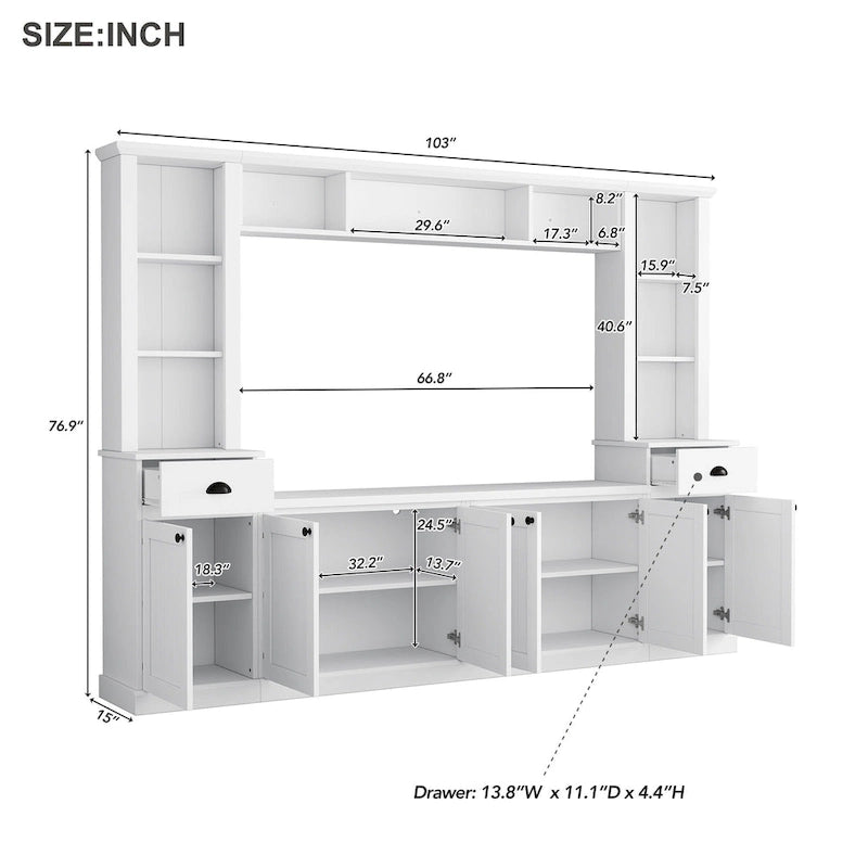 Meuble TV Blanc / Noir avec Pont & Meubles d'Appoint – Convient aux TV jusqu'à 75"