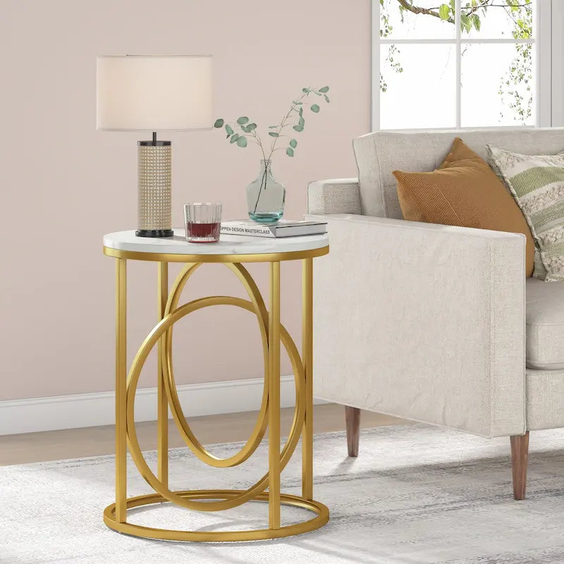 Table d'appoint ronde — Doré / Marron rustique / Noir, Piètement métallique en forme de O