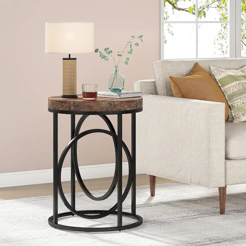 Table d'appoint ronde — Doré / Marron rustique / Noir, Piètement métallique en forme de O