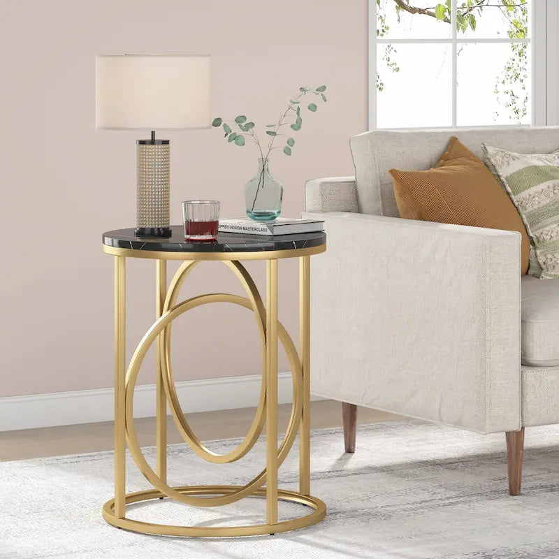 Table d'appoint ronde — Doré / Marron rustique / Noir, Piètement métallique en forme de O