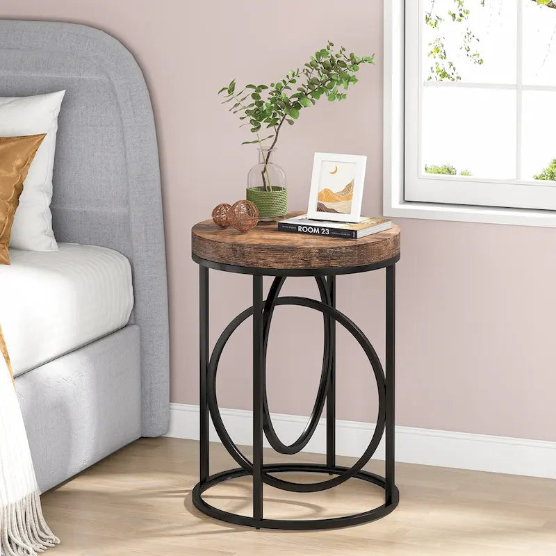 Table d'appoint ronde — Doré / Marron rustique / Noir, Piètement métallique en forme de O