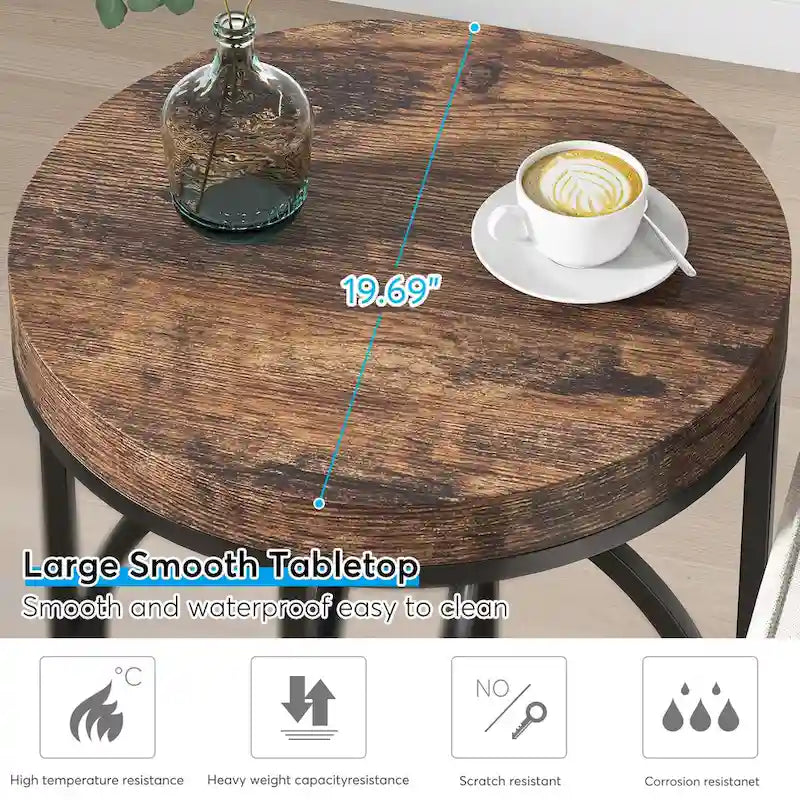 Table d'appoint ronde — Doré / Marron rustique / Noir, Piètement métallique en forme de O