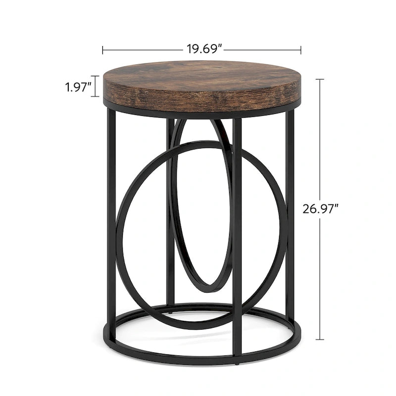 Table d'appoint ronde — Doré / Marron rustique / Noir, Piètement métallique en forme de O