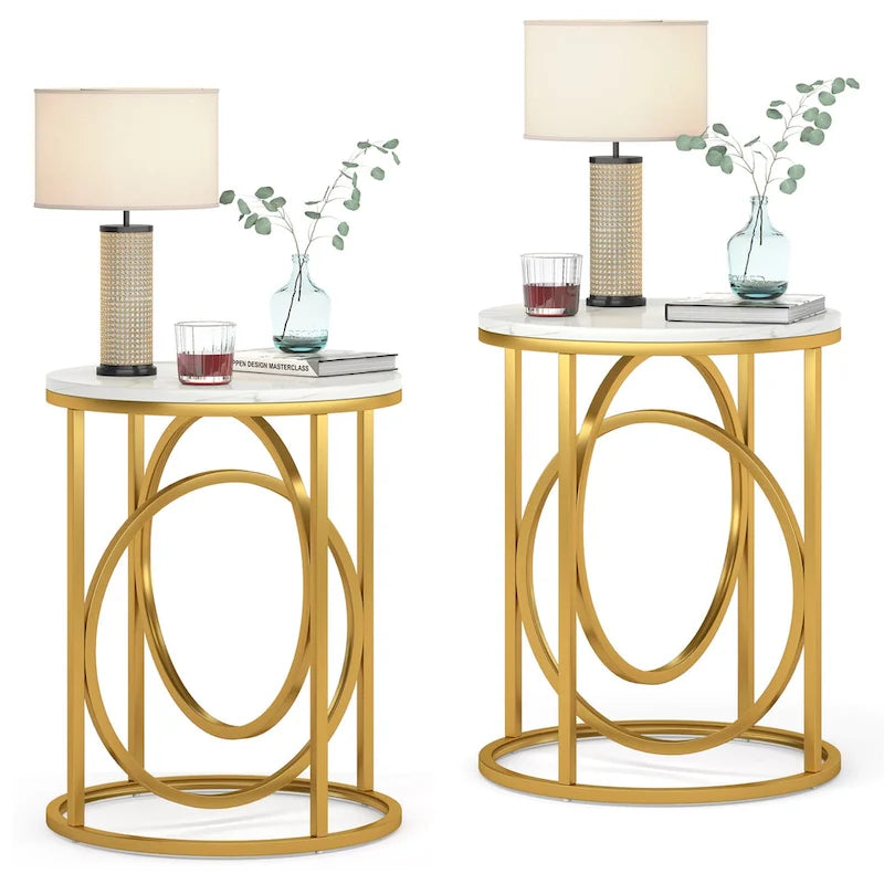 Table d'appoint ronde — Doré / Marron rustique / Noir, Piètement métallique en forme de O