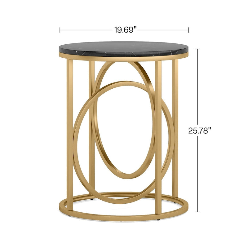 Table d'appoint ronde — Doré / Marron rustique / Noir, Piètement métallique en forme de O