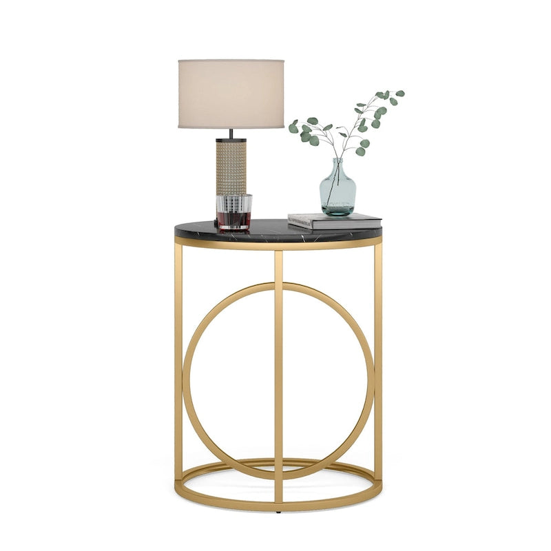 Table d'appoint ronde — Doré / Marron rustique / Noir, Piètement métallique en forme de O