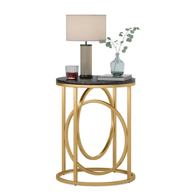 Table d'appoint ronde — Doré / Marron rustique / Noir, Piètement métallique en forme de O