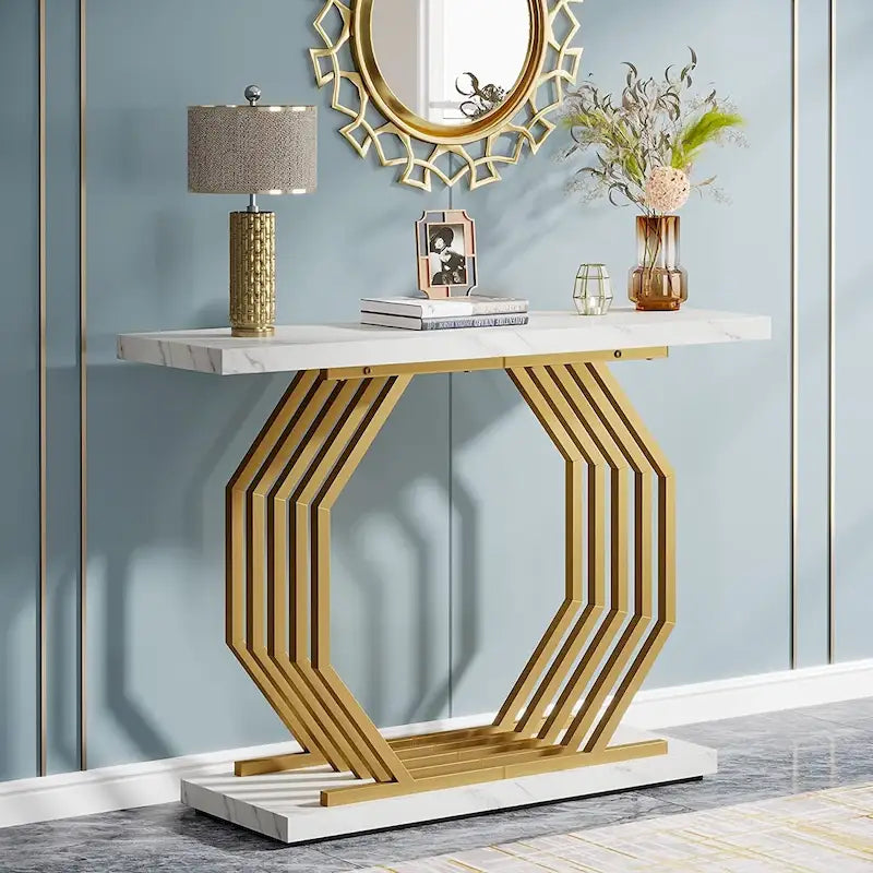 Console en Faux Marbre Doré/Noir avec Base Métallique Géométrique, 101 cm, Assemblage par 1 Personne