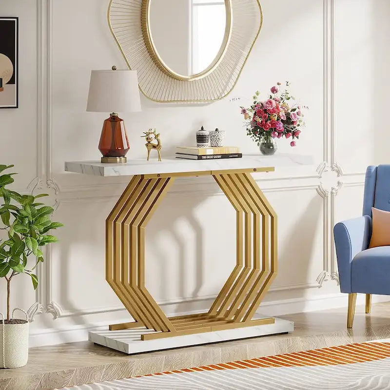 Console en Faux Marbre Doré/Noir avec Base Métallique Géométrique, 101 cm, Assemblage par 1 Personne