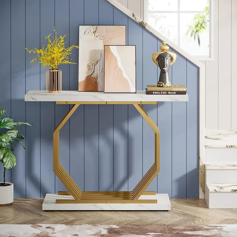 Console en Faux Marbre Doré/Noir avec Base Métallique Géométrique, 101 cm, Assemblage par 1 Personne