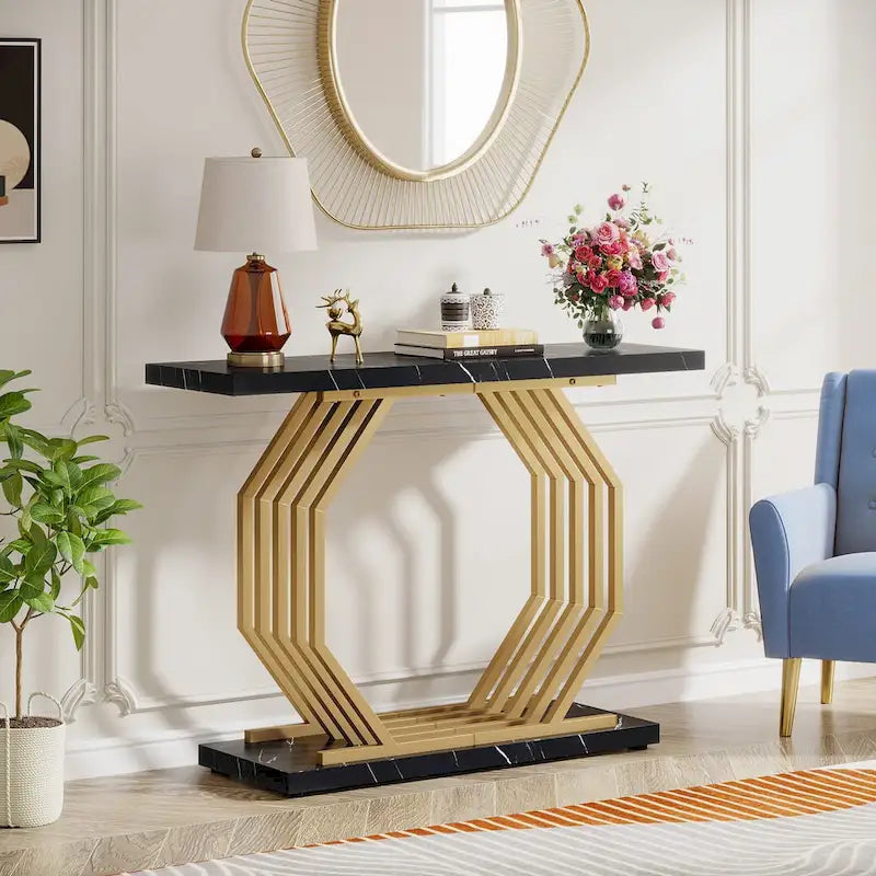 Console en Faux Marbre Doré/Noir avec Base Métallique Géométrique, 101 cm, Assemblage par 1 Personne