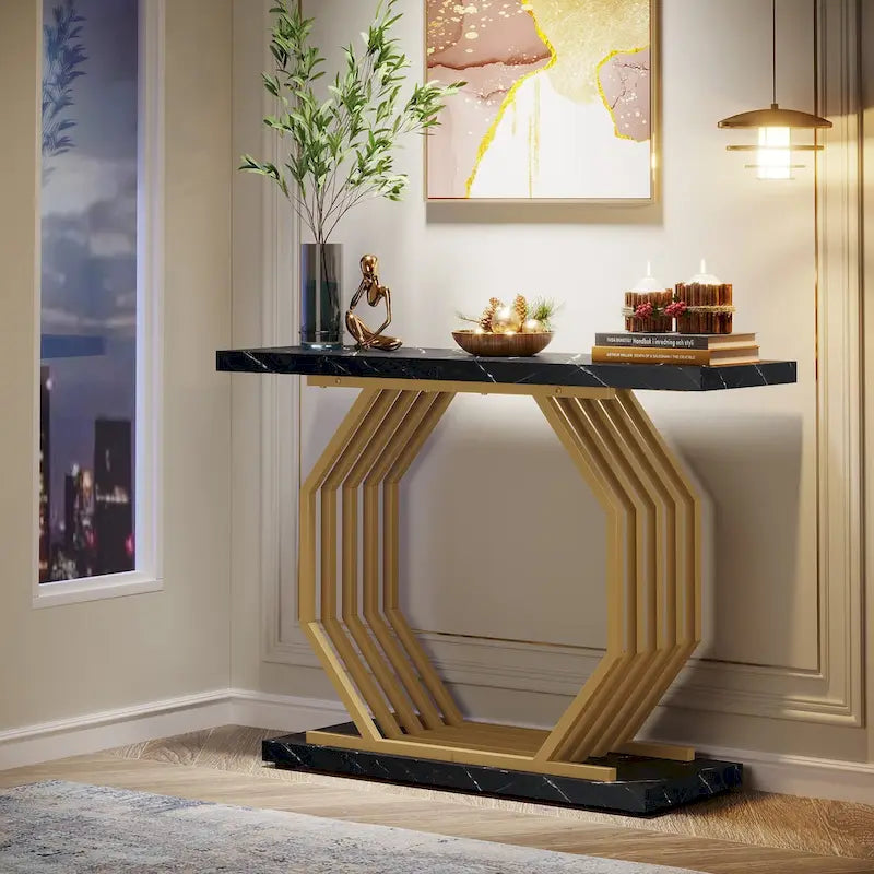 Console en Faux Marbre Doré/Noir avec Base Métallique Géométrique, 101 cm, Assemblage par 1 Personne
