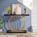 Console en Faux Marbre Doré/Noir avec Base Métallique Géométrique, 101 cm, Assemblage par 1 Personne