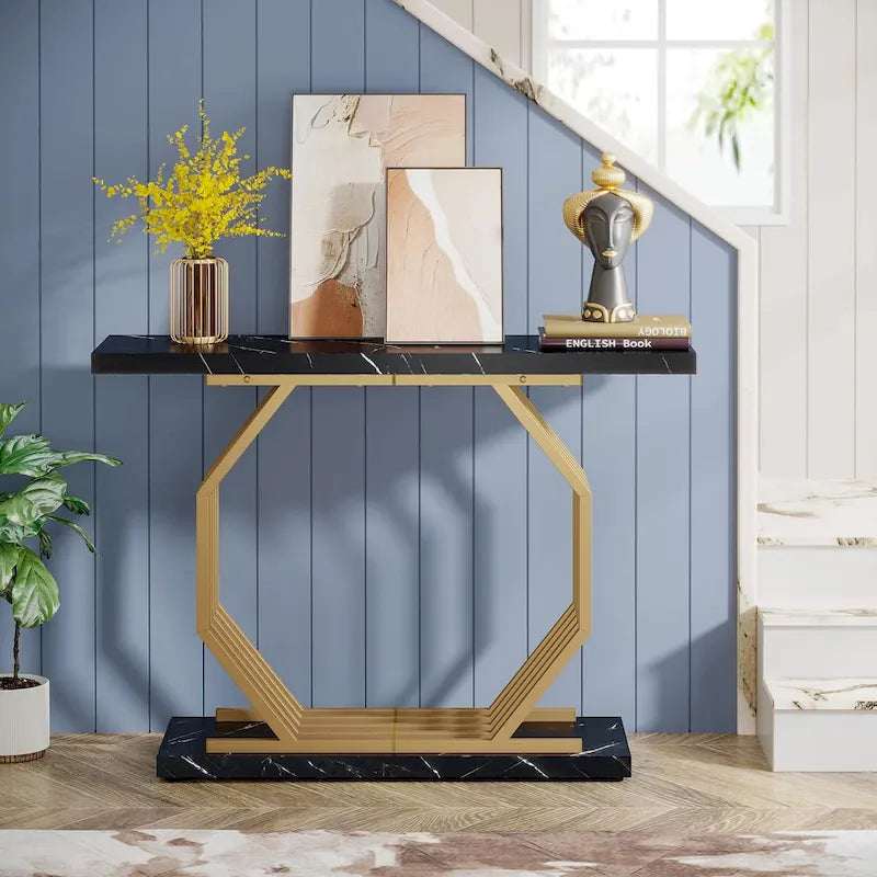 Console en Faux Marbre Doré/Noir avec Base Métallique Géométrique, 101 cm, Assemblage par 1 Personne