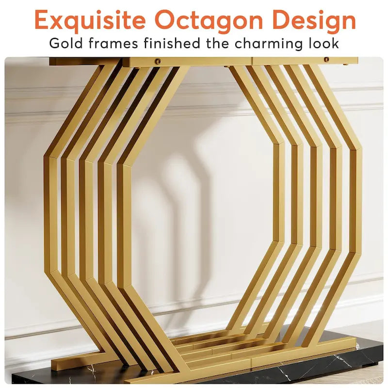 Console en Faux Marbre Doré/Noir avec Base Métallique Géométrique, 101 cm, Assemblage par 1 Personne