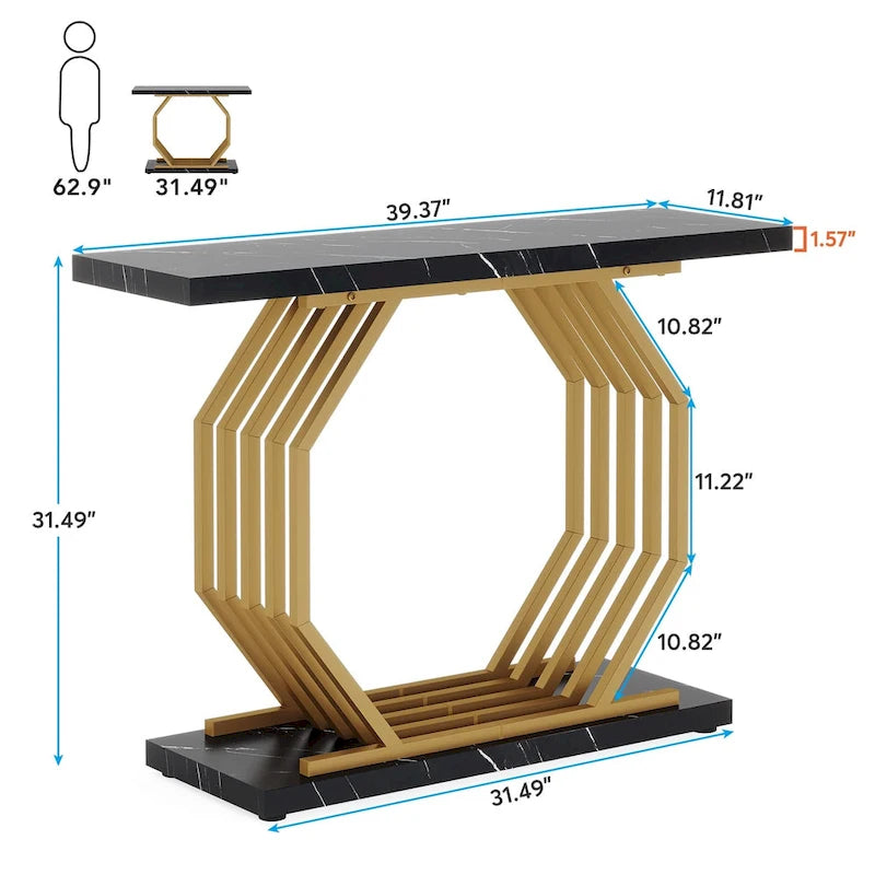 Console en Faux Marbre Doré/Noir avec Base Métallique Géométrique, 101 cm, Assemblage par 1 Personne