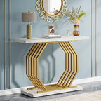 Console en Faux Marbre Doré/Noir avec Base Métallique Géométrique, 101 cm, Assemblage par 1 Personne