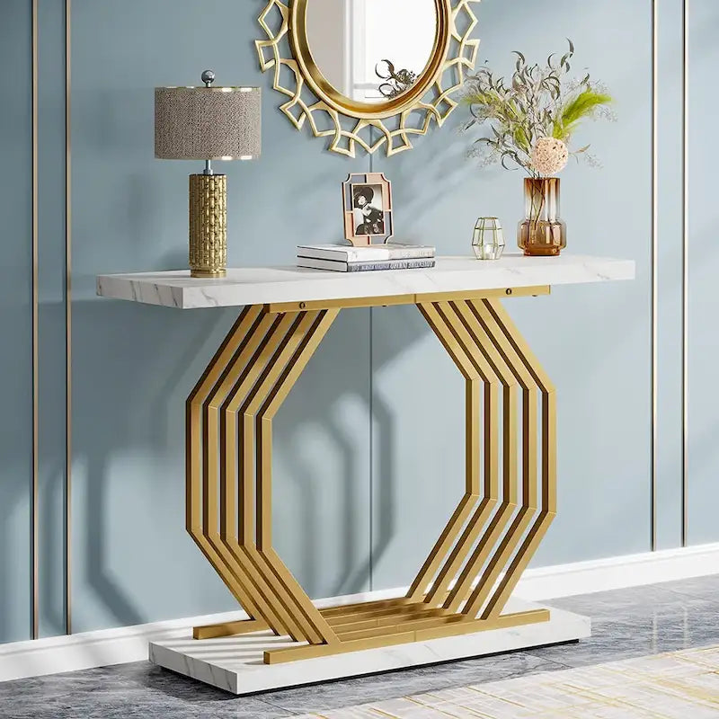 Console en Faux Marbre Doré/Noir avec Base Métallique Géométrique, 101 cm, Assemblage par 1 Personne