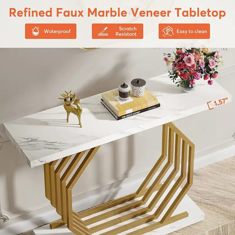 Console en Faux Marbre Doré/Noir avec Base Métallique Géométrique, 101 cm, Assemblage par 1 Personne