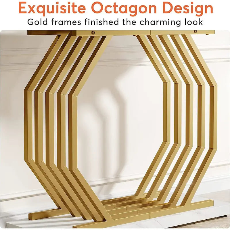 Console en Faux Marbre Doré/Noir avec Base Métallique Géométrique, 101 cm, Assemblage par 1 Personne