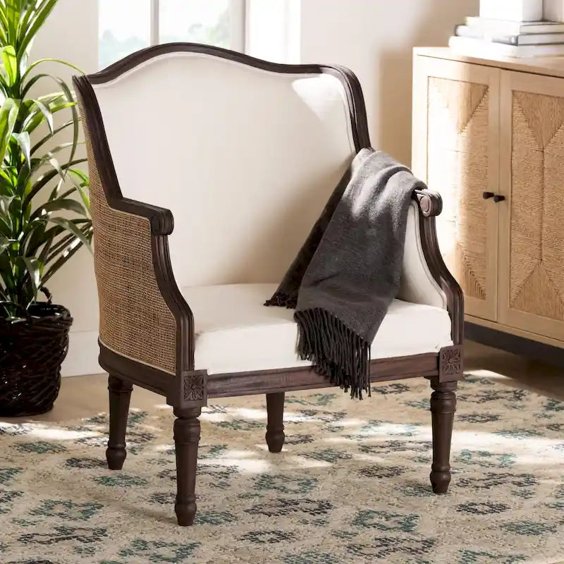 Fauteuil d'appoint en rotin, tissu beige et marron foncé pour 1 personne