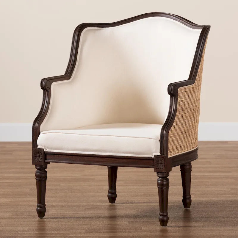 Fauteuil d'appoint en rotin, tissu beige et marron foncé pour 1 personne